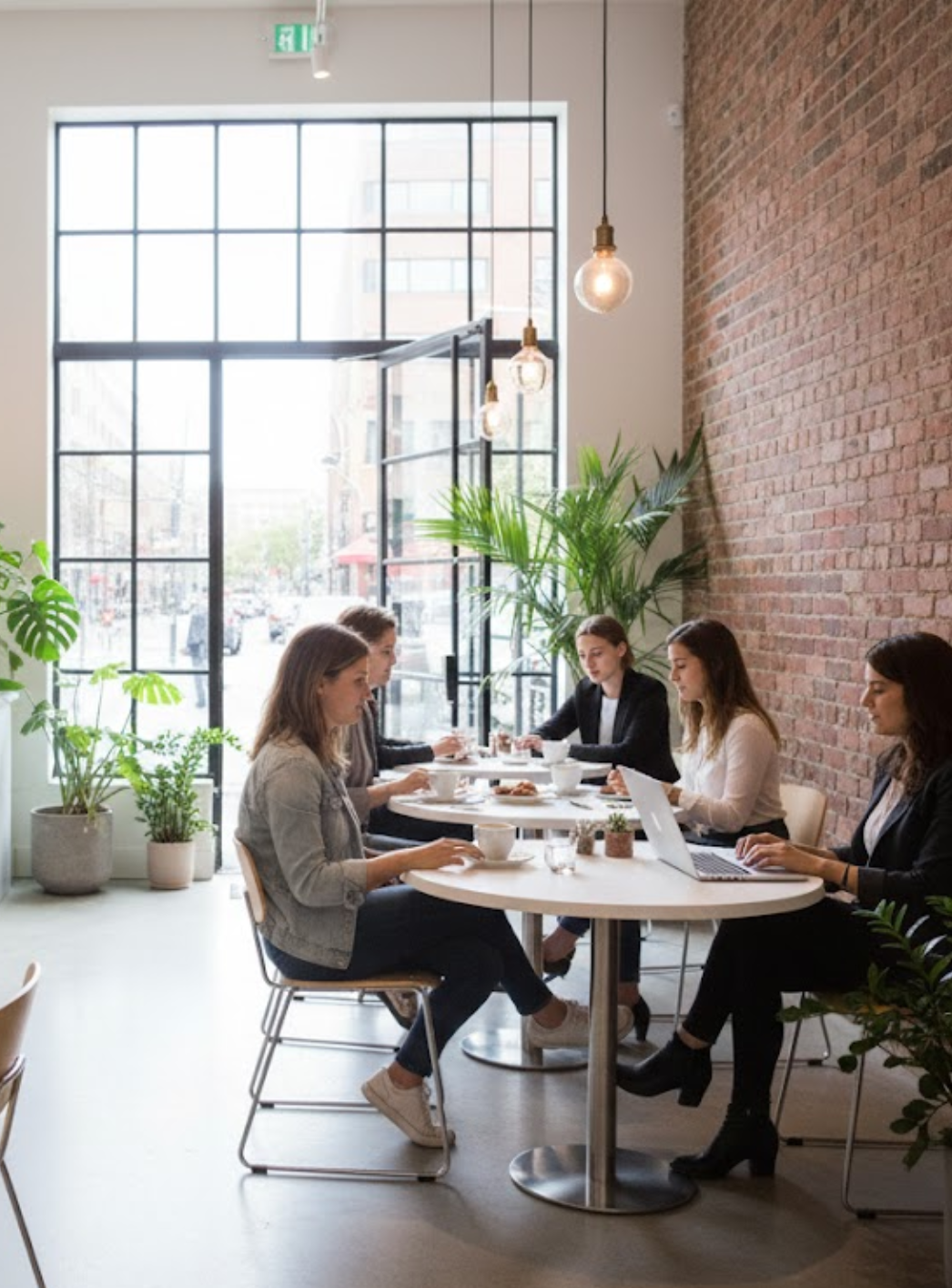 Espacio de cafetería con mesas y sillas profesionales