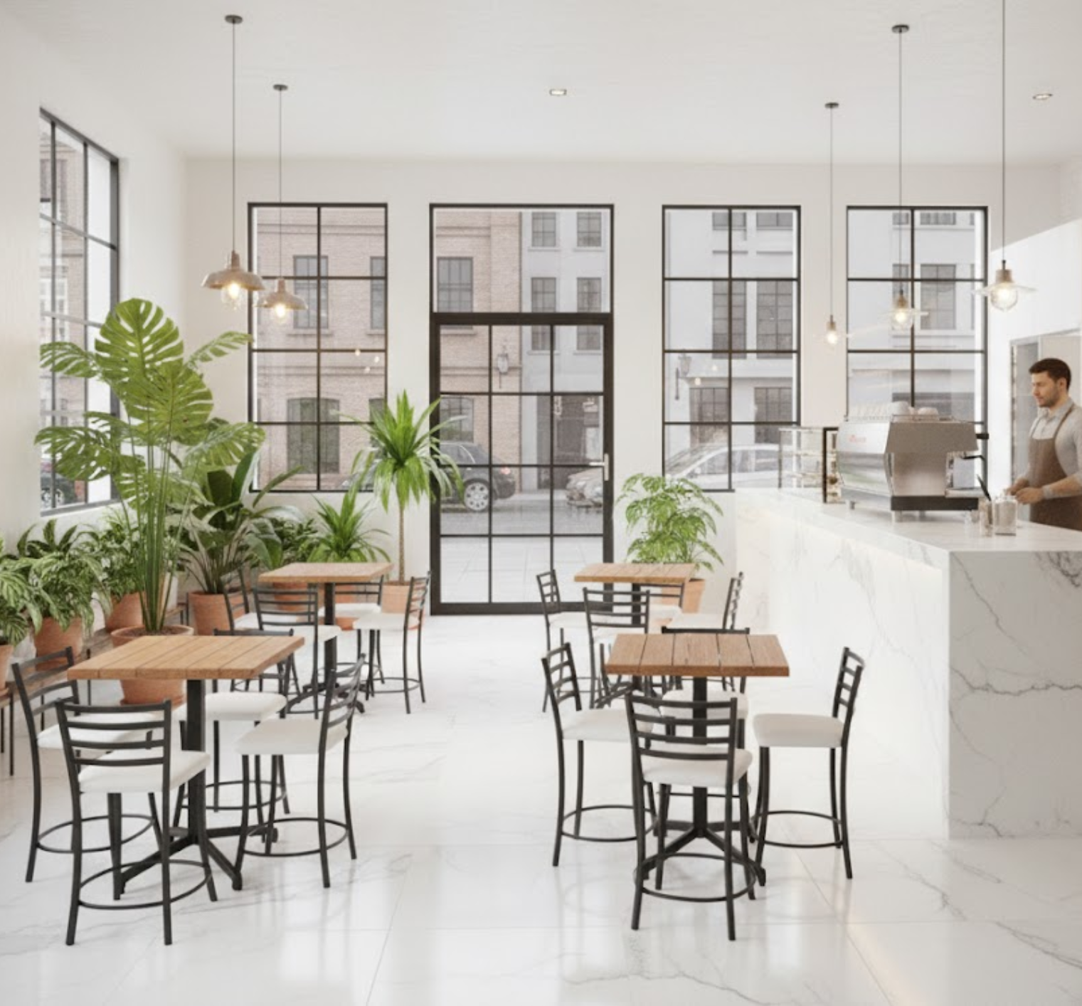 Diseño interior con mesas para restaurante