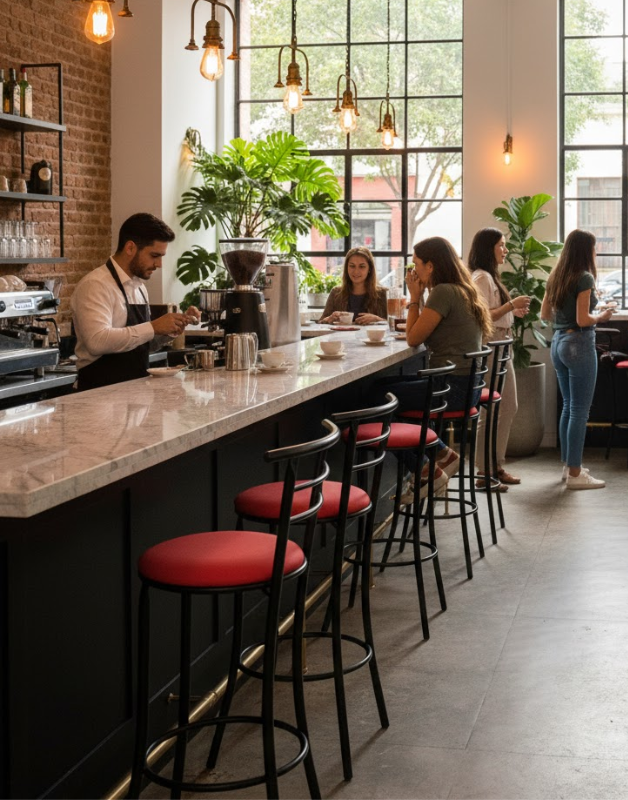 Diseño interior de restaurante con barra